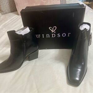 Windsor Black Leather Ankle Booties with Block Heel